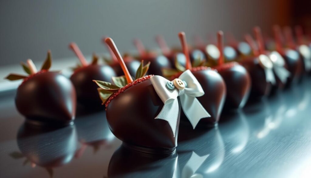 Decorated chocolate dipped berries with bow tie and buttons