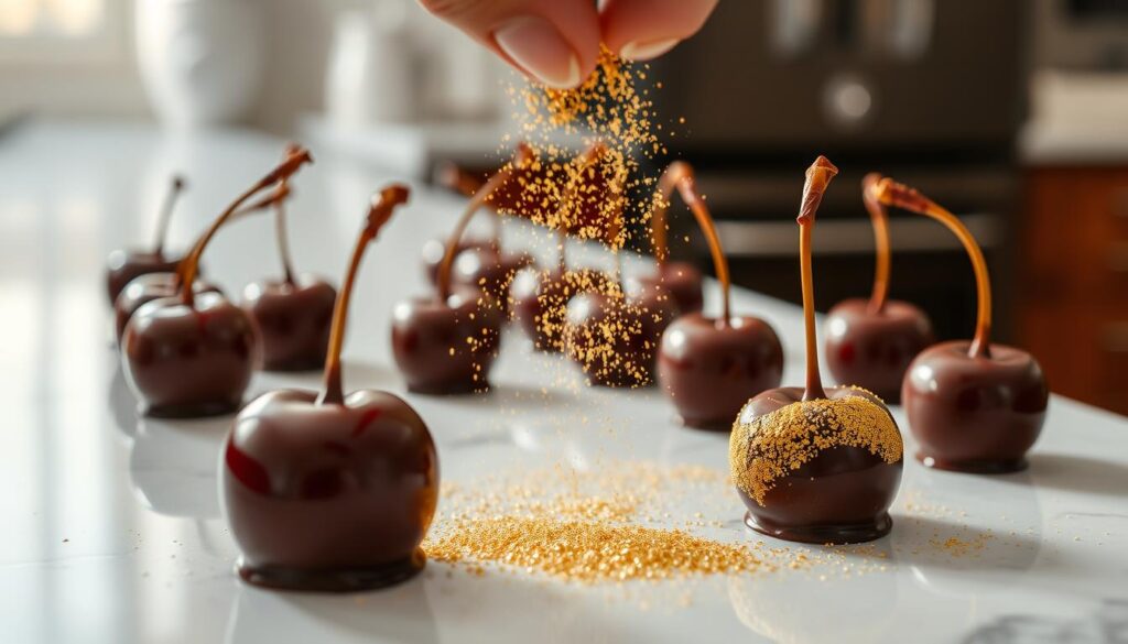 applying edible gold sparkle to chocolate covered cherries applying edible gold sparkle to chocolate covered cherries