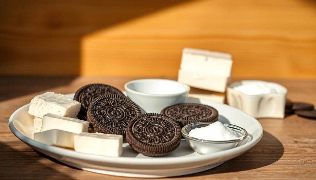 essential ingredients for oreo crust and cream cheese layer