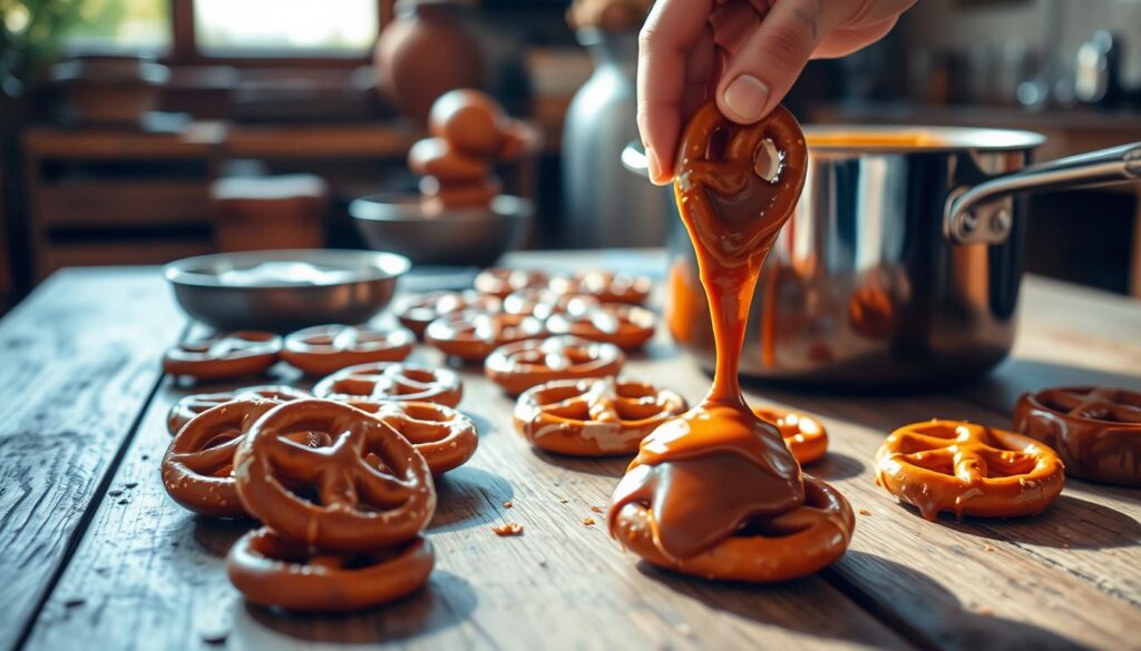 preparing pretzels and caramels